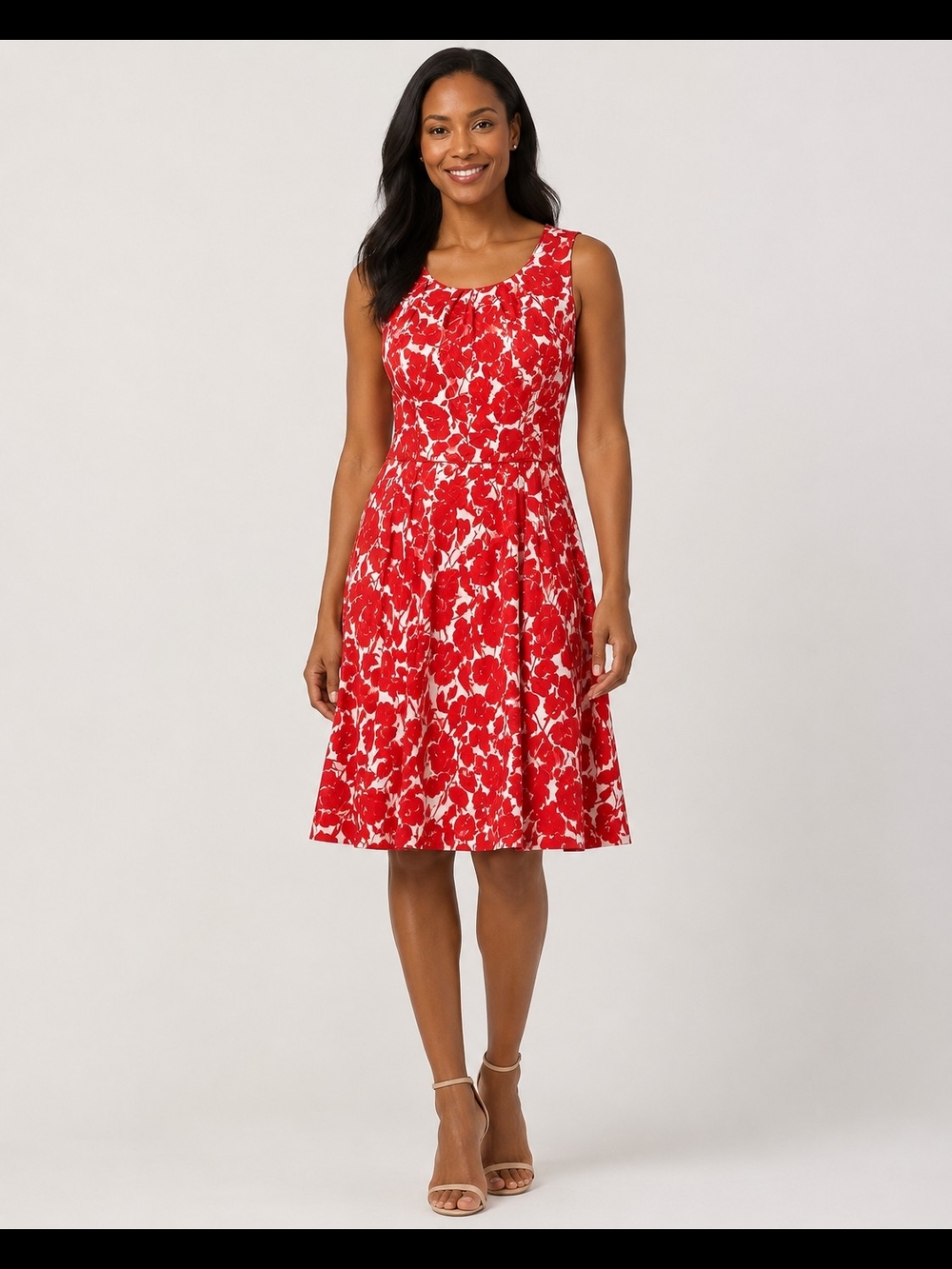 Talbots Red White Floral Cotton Fit & Flare Dress with Pockets Size 8
